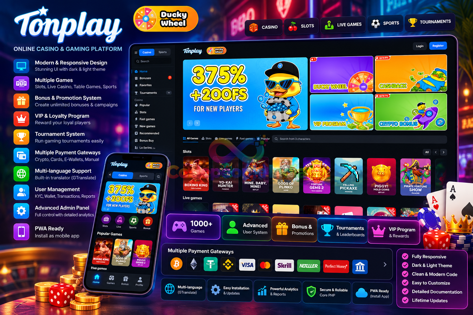 Tonplay Clone Script — Online Casino & Sportsbook Platform, 13 Languages, Crypto & Fiat